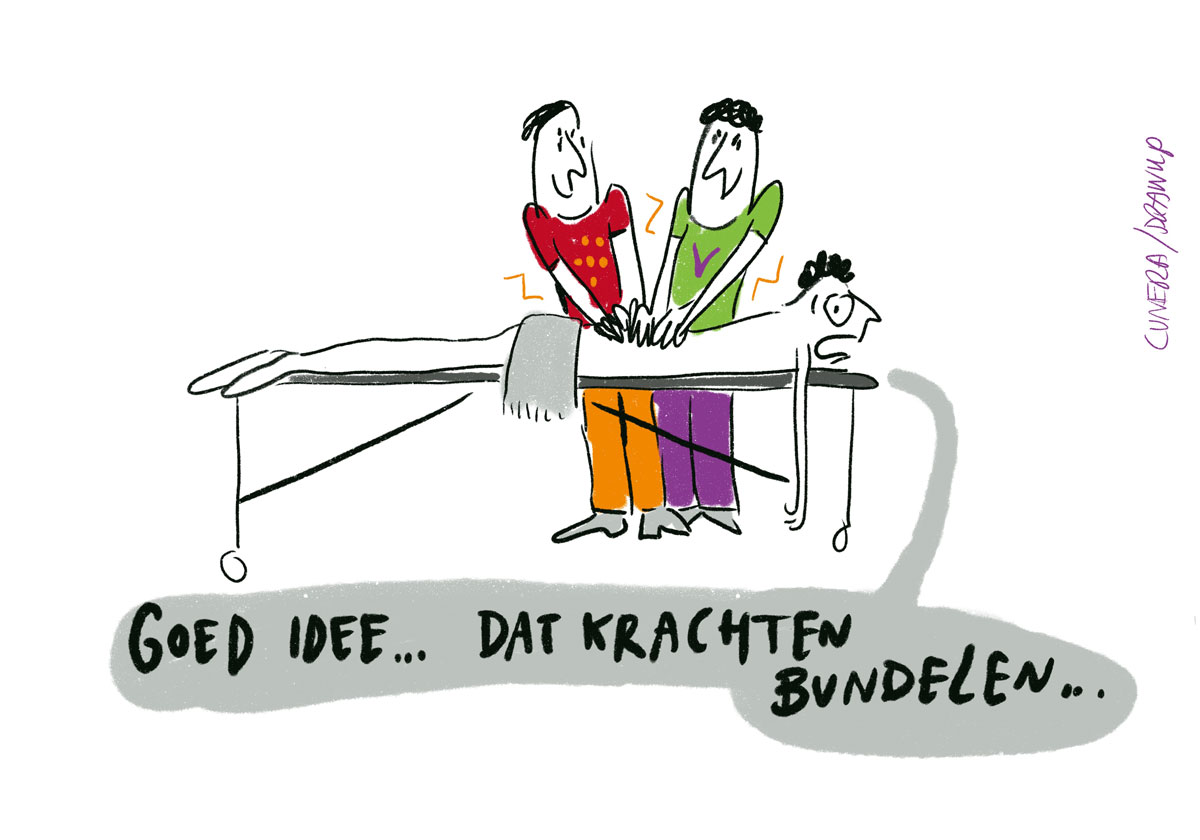 Krachten bundelen! Cartoonist: Cunera Joosten Klant: KNGF, vereniging voor fysiotherapeuten