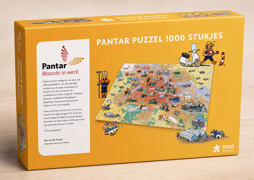Voor Pantar maakten we van een bestaande stadsplaat van Amsterdam een puzzel van 1000 stukjes. Bekijk hoe we de illustratie én puzzeldoos ontwierpen.