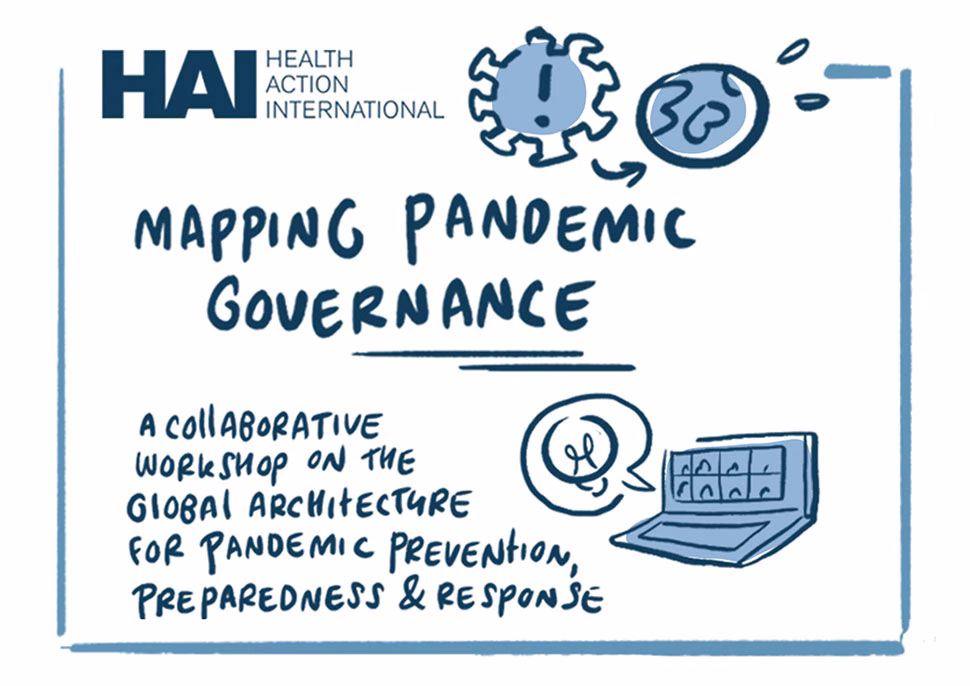 Openingsvisual van Draw up! voor de HAI-workshop ‘Mapping Pandemic Governance’, met tekeningen van een virus, wereldbol en online overleg.
